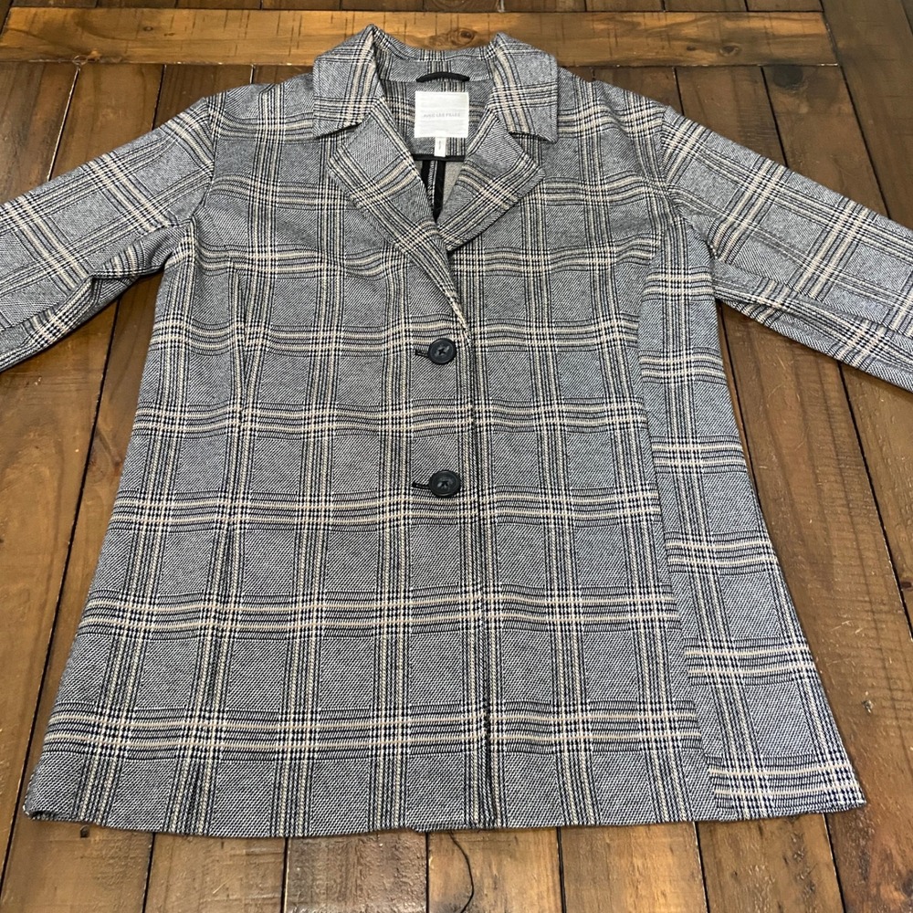 Avec Les Filles Grey Plaid Two Button Blazer Jacket Size M 22815